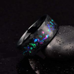 8mm Faceted Silver and Black Tungsten Carbide <strong>Opal</strong> Wedding <strong>Ring</strong> for <strong>Men</strong> - Product Image 2