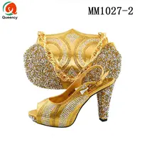 MM1027 Queency nueva llegada venta al por mayor de las mujeres africanas zapatos y bolso a juego en oro para boda fiesta