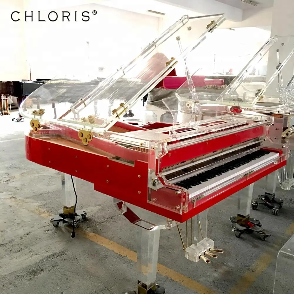 Piano vermelho de cristal acrílico transparente, piano com grande piano para casa de luxo moderna