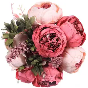 Artificial New Dark Red Peony Rose Silk Flowers Bouquet For Home Wedding Decoration