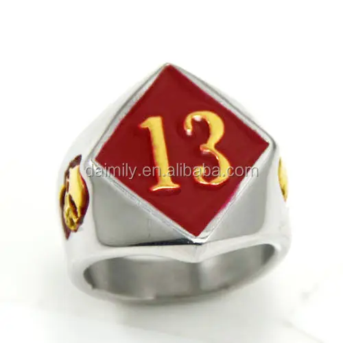 New Products Fashion Jewelry Stainless Steel Red Number NO.13 Skull Biker Gold Ring DM 028