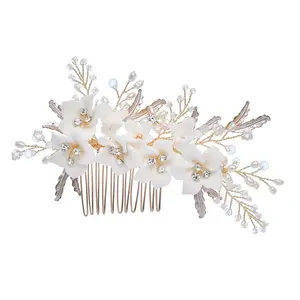 Fashion Handmade Pearl Decorative Leaf Floral Wedding Bridal Hair Comb