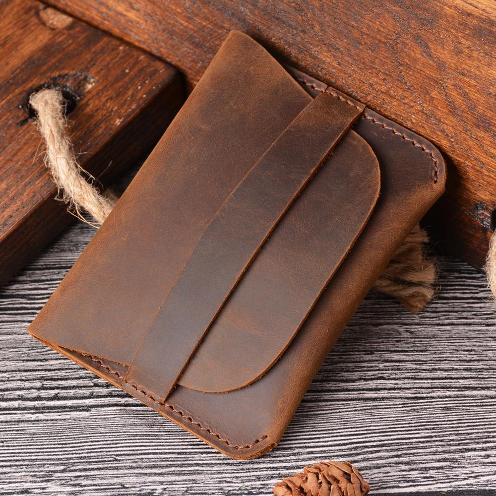 Handmade Bifold Wallet Crazy Horse Genuine Leather Card Holder Minimalist Pocket Leather Wallets Vintage Style Coin Purses