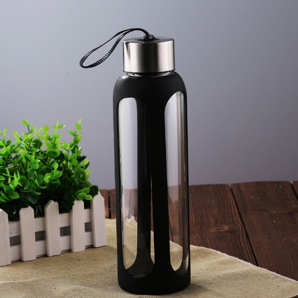 Classic Glass Water Bottle with Black Silicone Sleeve Stainless Steel Lid Water Bottle