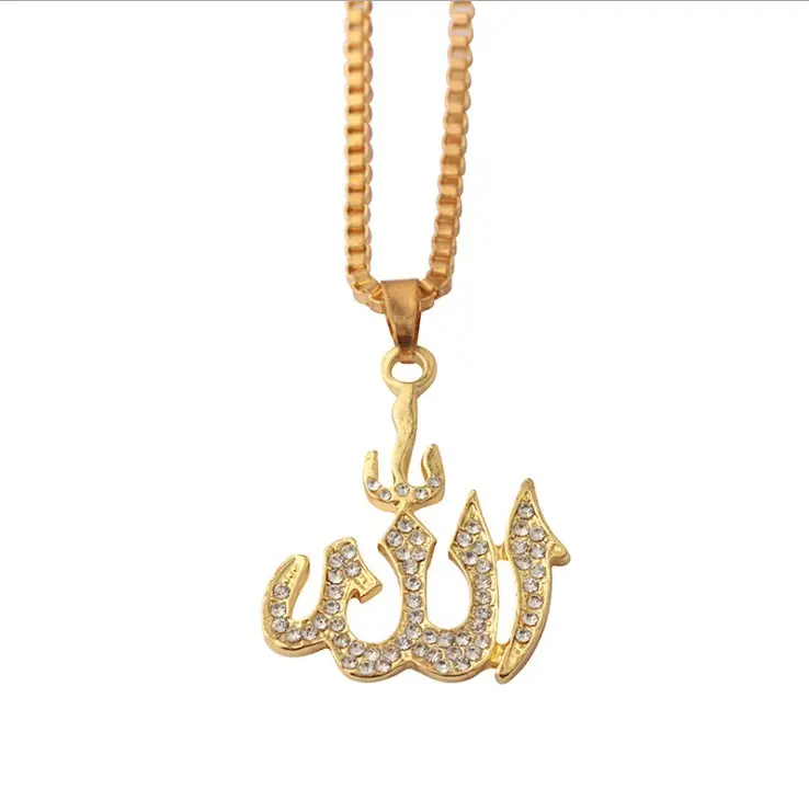 18K позолоченная мусульманская Длинная цепочка Аллах в горном хрустале для женщин серебряная бижутерия в стиле хип-хоп ожерелье