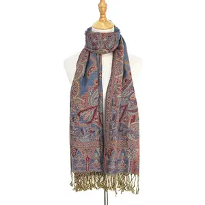 Newest pashmina hot saling shawl silk jacquard fashionable women scarf with fringe