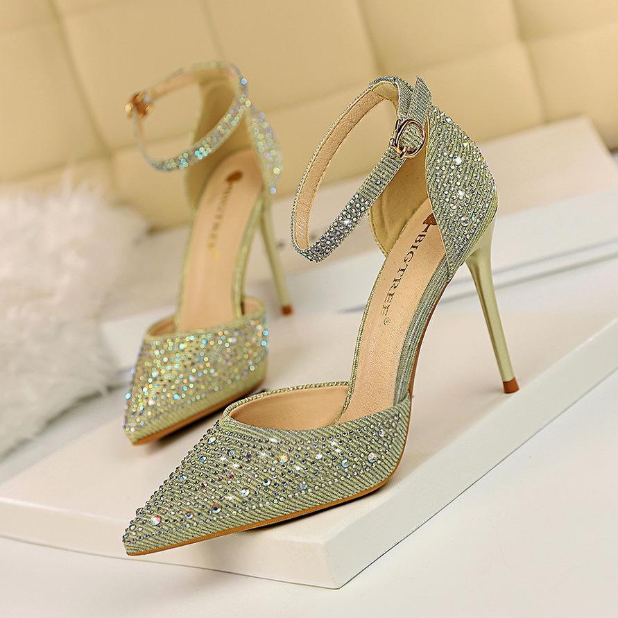 Zapatos Mujer Tacon Pumps Design Crystal Rhinestone Pink Glitter Sandals  Ladies Pointed Toe Heels for Women Dress Shoes
