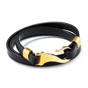 2024 Men Jewelry Trends Marlary Fish Hook Design Double Layers Genuine Leather Bracelets For Men Boys