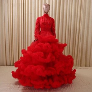 Shinning RSM6662B rojo Caliente de alta escote de encaje con cremallera elegante musulmana de manga larga vestido maxi 2016 - Product Image 1