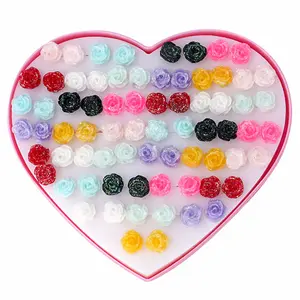 Brinco curto de resina colorida para mulheres, joia coreana de 36prs/caixa, mistura de coração, caixa, rosa, metal, bijuteria 2019