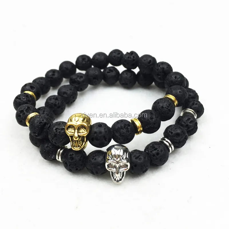 SN0756 Energy Black Lava Skull Men Jewelry Goth Skull Pulsera con cuentas de calavera con calavera dorada y plateada