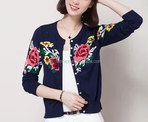 Custom low MOQ quality floral intarsia pattern thin knitted sweater cardigan for women