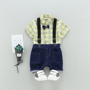 Nuovi vestiti del bambino nato set di plaid <span class=keywords><strong>camicia</strong></span> del legame di arco <span class=keywords><strong>con</strong></span> nero bib pantaloni - Product Image 6