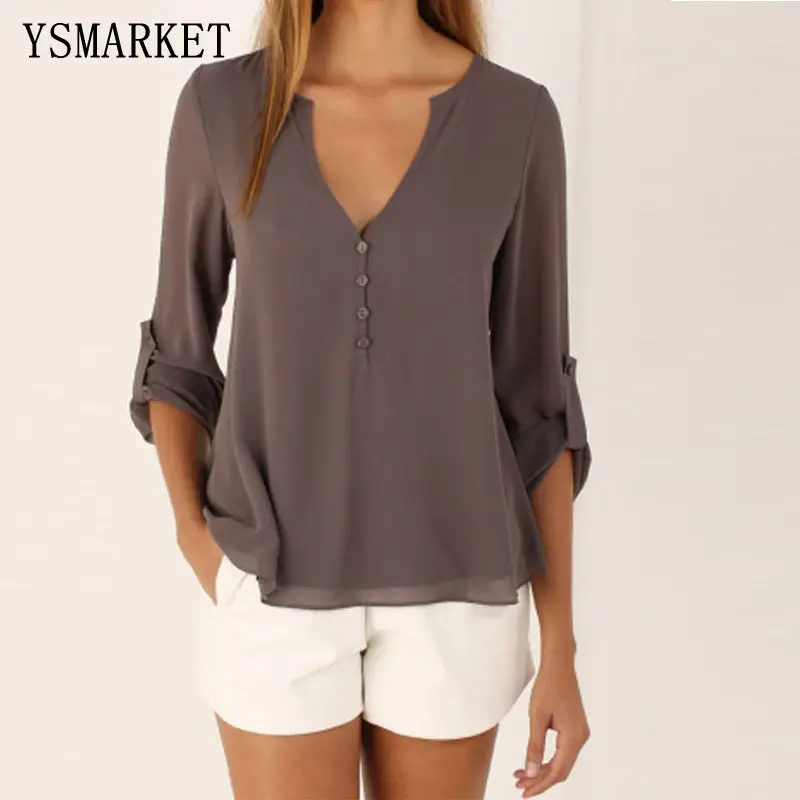 Women Plus Size 3XL Brown Long Sleeve Chiffon Blouse Tops Lady Casual Button Shirt V Neck Shirt Pullover E1083