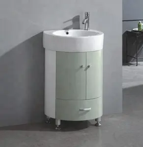 मिरर और वॉश बेसिन इंस्टालेशन के साथ आधुनिक छोटे फ्लोर-माउंटेड पीवीसी बाथरूम वैनिटी कॉम्बो राउंड बेस कैबिनेट