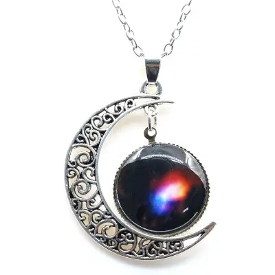 D1258 Women Jewelry Choker Glass Universe Galaxy Chain Moon Sliver Pendant Necklace