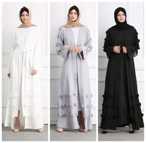 Abaya Kimono musulmán gris América moda 2019 con flores 3D