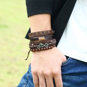 4 PCS/set Weave Leather Wood Bead <span class=keywords><strong>Bracelet</strong></span> pour hommes <span class=keywords><strong>Bracelet</strong></span> fait main multicouche Cool Bicycle Bracelets Bangles - Product Image 5
