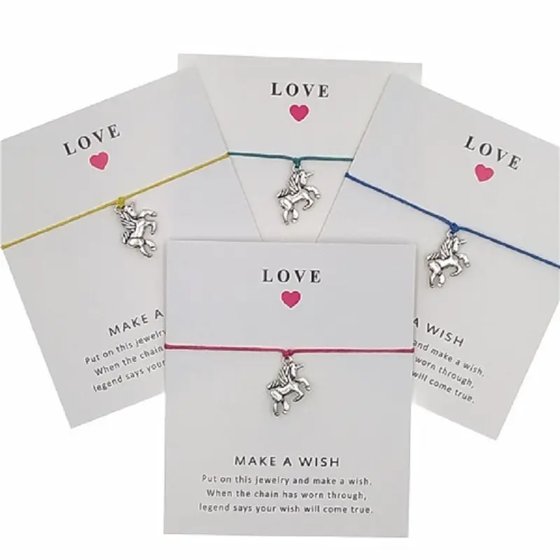 Custom Logo On Wish Card Silver Gold Alloy Charms FrienDship Bracelet Bangle Jewelry Beaded Wrap Cord Make A Wish Bracelet