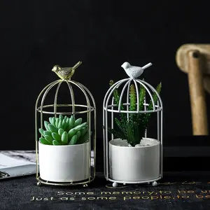 Nordic Style Gold Plated Cage Frame Ceramic Succulent Flower pot