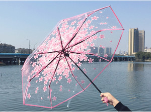 Commercio all'ingrosso carino 3 volte Sakura ombrello trasparente pioggia ragazze chiaro POE fiori pieghevoli Pvc Sakura ombrello trasparente - Product Image 4