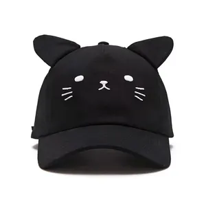 Custom Meidiney Fashion Black Cotton Cat Face Design Cat Embroidered Baseball Cap