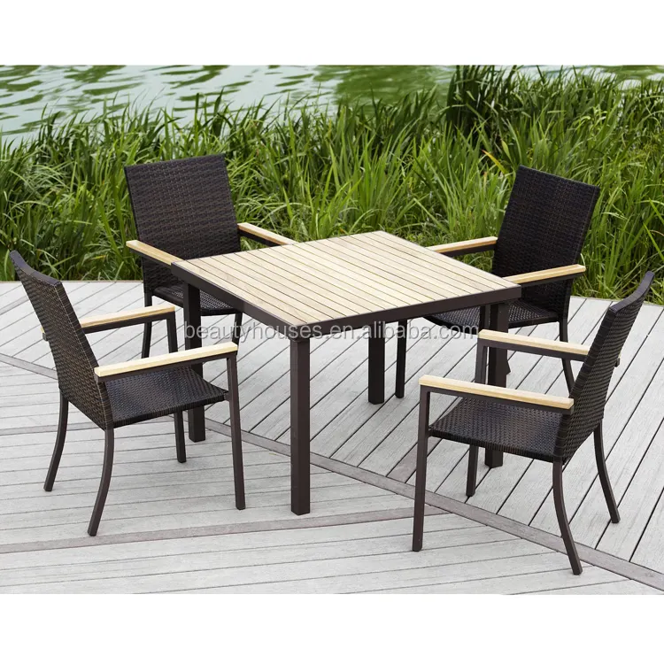 Muebles de jardín Mesa de comedor al aire libre Sillas Aluminio Contemporáneo Juego de jardín Ratán Roble Madera Resina sintética 2 años MR1095