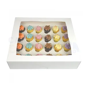 Coated Paper Disposable Cake Food Box 24 Cupcakes Kraft Ivory Paper Box With Window