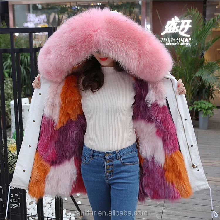 ライナーコート冬の暖かいパーカーロングスタイルの女性のジャケットホット販売最高品質の本物のキツネの毛皮とアライグマの犬の毛皮の襟の毛皮の裏地