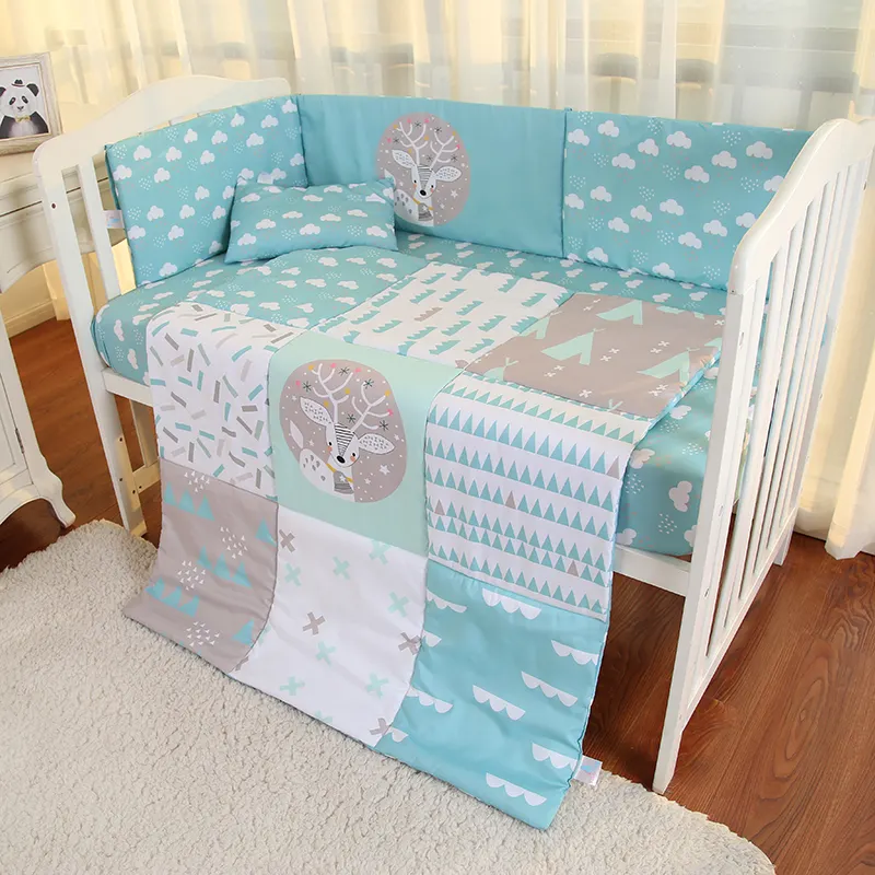 Green cartoon elk inkjet 100% cotton baby crib bedding set