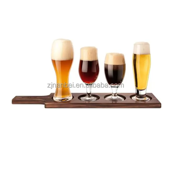 Logo personalizzato in legno degustazione di vini di volo che servono paddle birra vassoio di volo e 4 bicchieri set