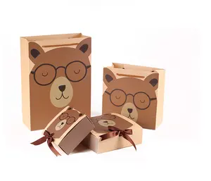 Kustom Lucu Hewan Kartun Lipat Kertas Kecil Kotak Hadiah dan Tas Pembawa Logo Cetak dengan Pita Busur untuk Kain Permen Kemasan Makanan