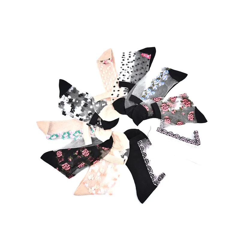 Nuevos calcetines sexis transparentes de flores para mujer de seda de vidrio al por mayor