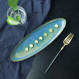 Wholesale Long Oval Shape Blue Glaze inside Black Serving Porcelain Restaurant Hotel Dish Plate Ceramic For Sushi Dessert