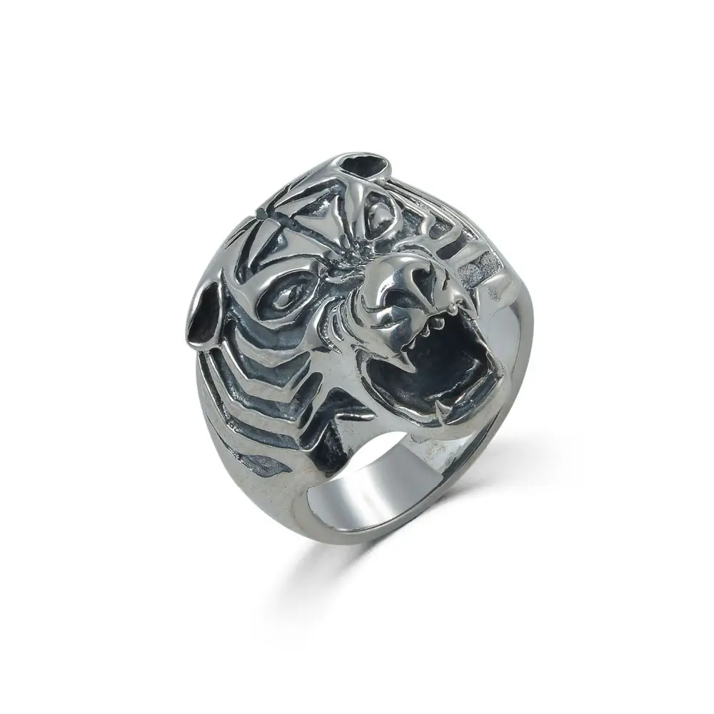 Real Solid 925 Sterlingacrylic Tiger Ring for Men Retro Vintage Cool Boy Big Mens Biker Ring Jewelry Fine Metal Silver No Stone