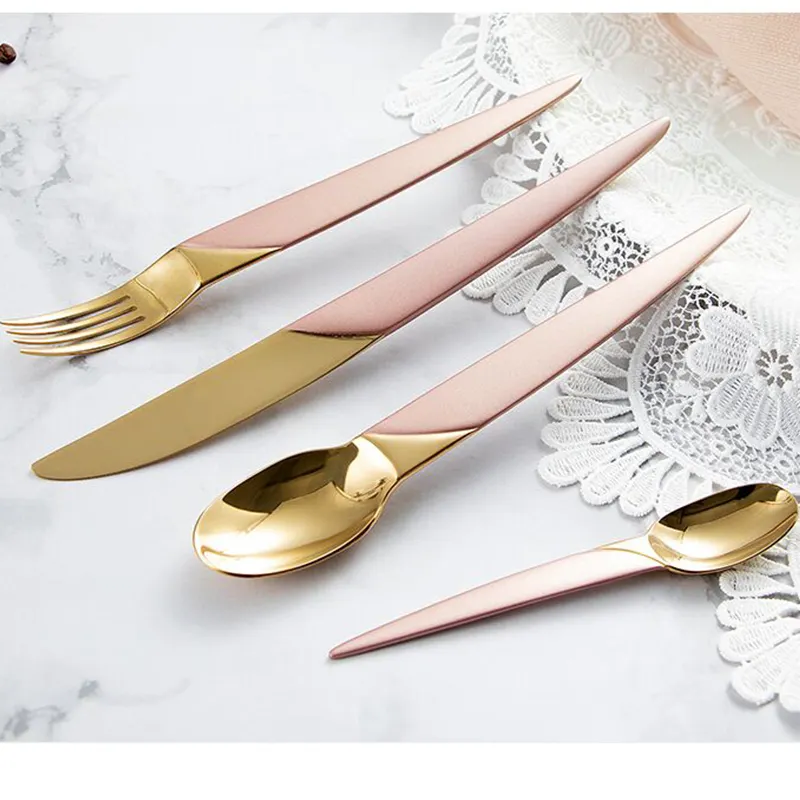 Portugal cutlery knife and fork spoon 304 stainless steel western tableware White handle golden pointed tail flatware sets