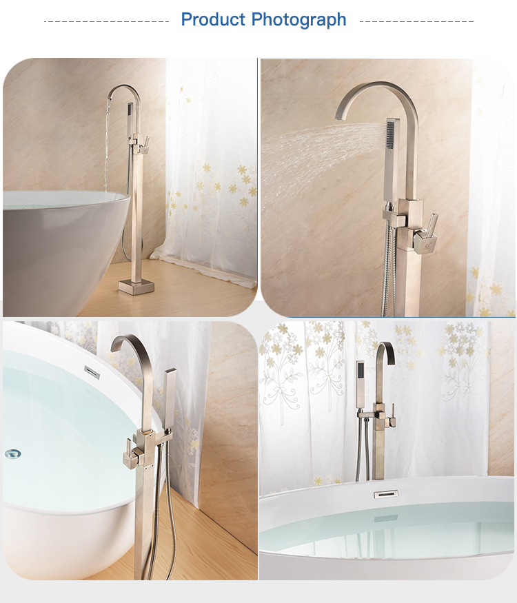 Freestanding Bathtub Faucet Tub Filler Brushed Nickel Floor Mount Brass Single Handle Bathroom Faucets With Hand Shower