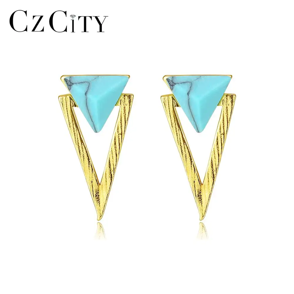 CZCITY Turquoise Sterling Silver Stud Earrings Triangle Geometric Shape Turquoise Earrings Studs