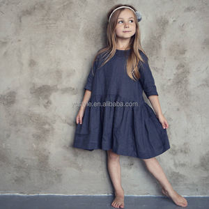 Abito Classico in Lino per Ragazze con Maniche 3/4 in Grigio Scuro, Abbigliamento in Lino, Vestiti per Damigelle - Product Image 3