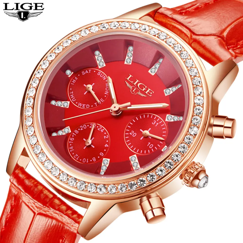 LIGE Brand Women Dress Watches Ladies Waterproof Leather Quartz Watch Woman Fashion Diamond watches