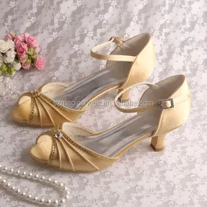 (21 Colors)Golden Satin Low Heel Bridal Wedding Sandals