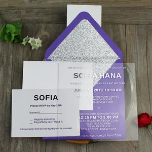 Роскошные креативные квадратные акриловые детские приглашения на день рождения с серебряной блестящей подкладкой конверт фиолетового цвета