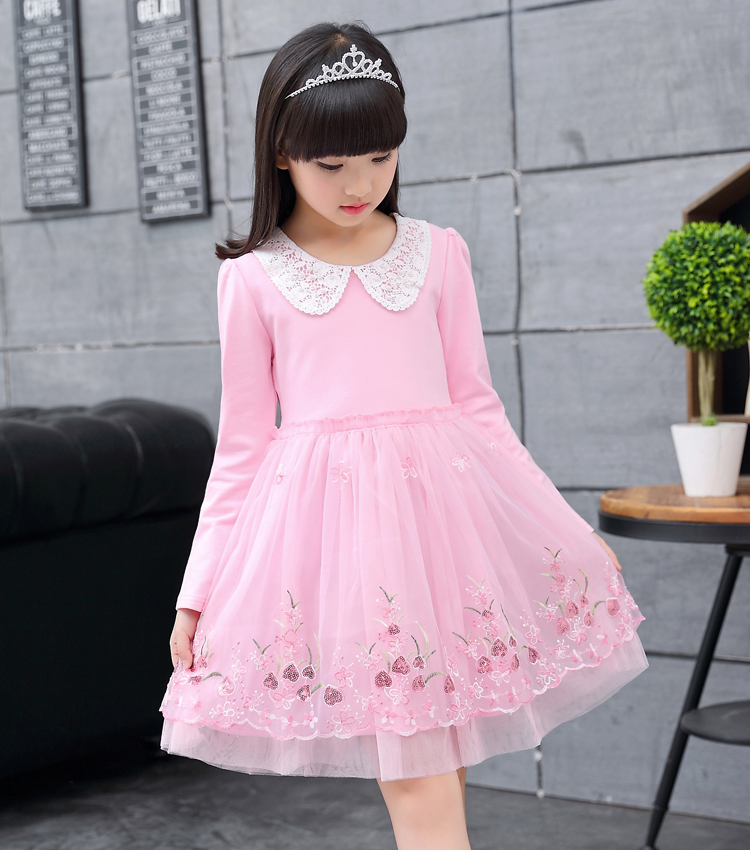 fitted lace wedding dress Arrival Autumn Girls Peter Pan Collar Long Sleeves Floral Argyle Pattern Dress 130 (7-8Y) / Pink main image 1