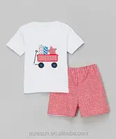 2018เสื้อผ้าเด็กชุดสีขาว Smocked T เสื้อสีแดง Gingham สั้นชุดเด็ก4th กรกฎาคม Boutique Outfits