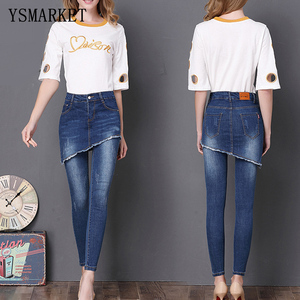 YSMARKET Jeans de Mezclilla para Mujer, Faldas Pantalón, Tallas Grandes, Cintura Media, Jeans Lápiz Largos, Pantalones Culottes de Mezclilla Elástica de Algodón, <span class=keywords><strong>Calsa</strong></span> E980 - Product Image 1