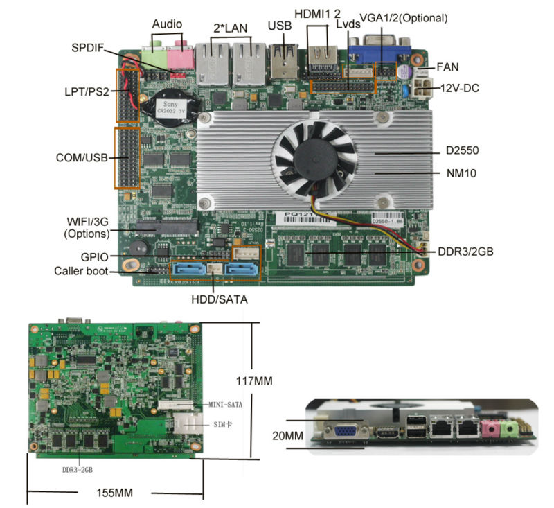 мини-пк 2 порта lan материнская плата d2550 поддерживает бортовой 4gb ddr3/24 бит lvds/6*com расширения заголовок
