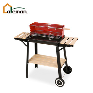 Demir dikdörtgen/dikdörtgen <span class=keywords><strong>2</strong></span> tekerlekli yük arabası kömür barbekü barbekü izgara w/ahşap raf ve rüzgar geçirmez kalkanı bahçe/veranda - Product Image 1