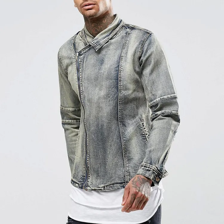 Bekleidungs fabrik Großhandel Distressed Denim Biker Washed Jeans Jacke Men In Indigo