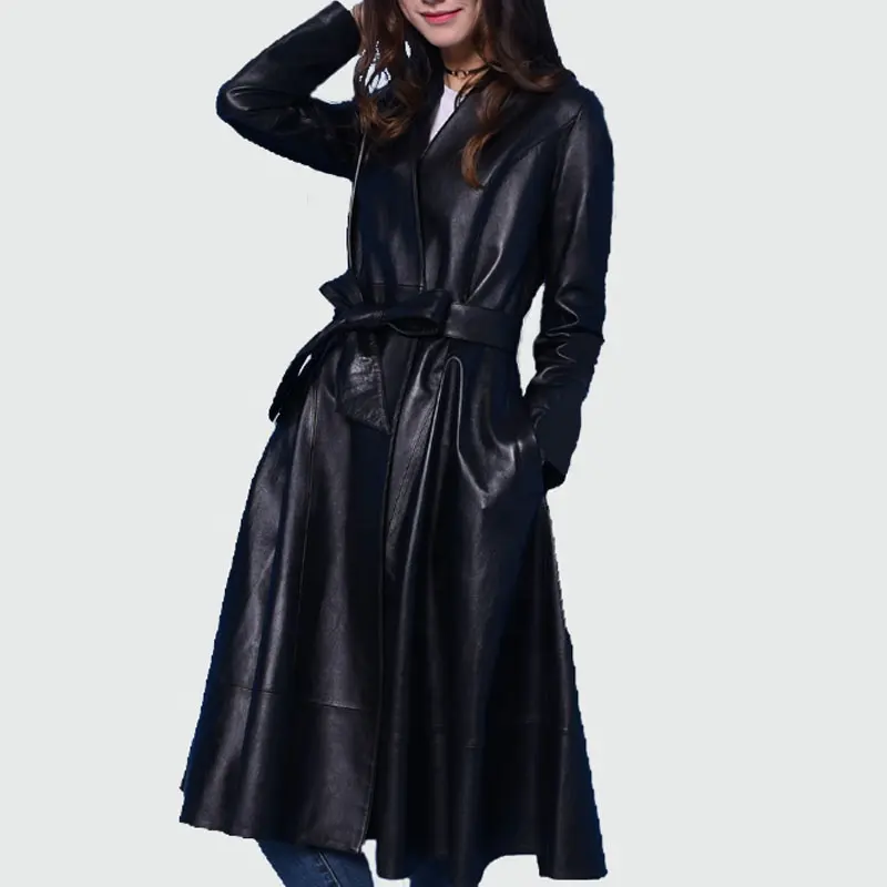 Top Selling New Zealand Lambskin Leather Jacket Women Windproof Jacket Soft Real Slim Fit Leather Long Trench Coat with Belt