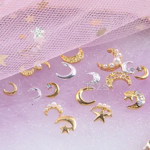 Accesorios de aleación para decoración de uñas, accesorios para decoración de uñas japoneses con diamantes de imitación y perlas de luna y estrella dorada y plateada